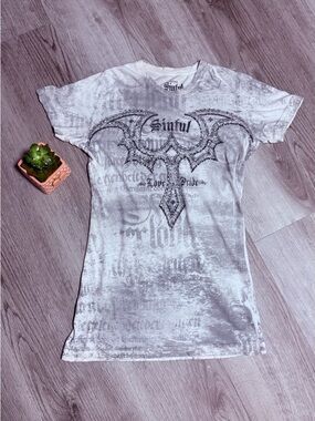 Vintage Sinful Silver-Gray Jeweled Cross Graphic Tee Y2K Rare